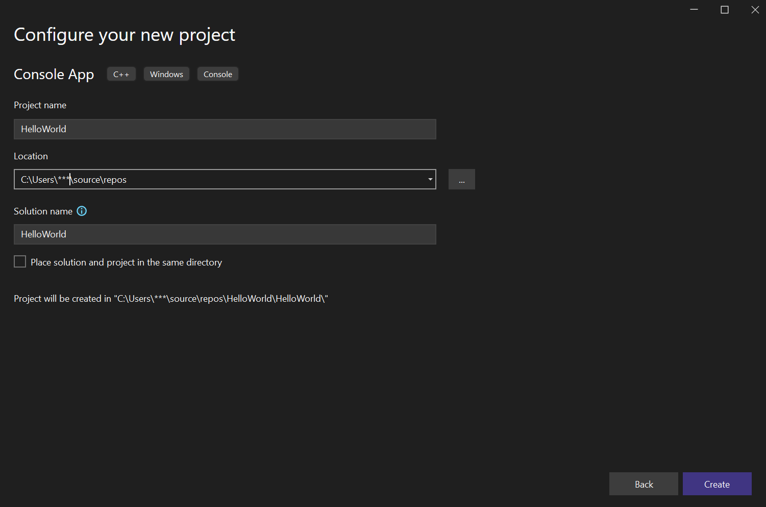 Setting the project name for a C++ console application