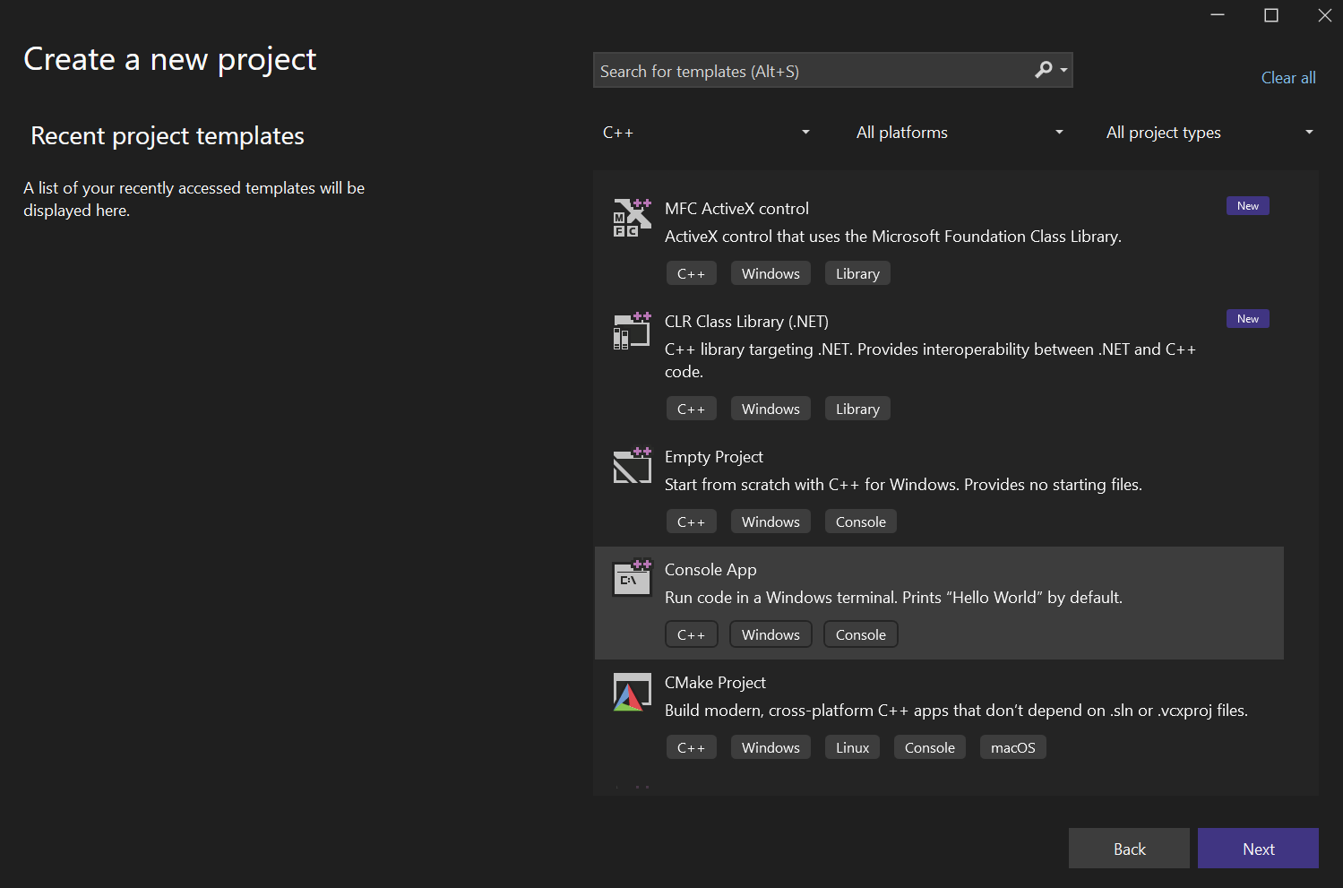 Creating a new C++ console project in Visual Studio 2022