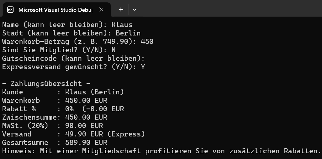 C# Konsolenanwendung: Warenkorb