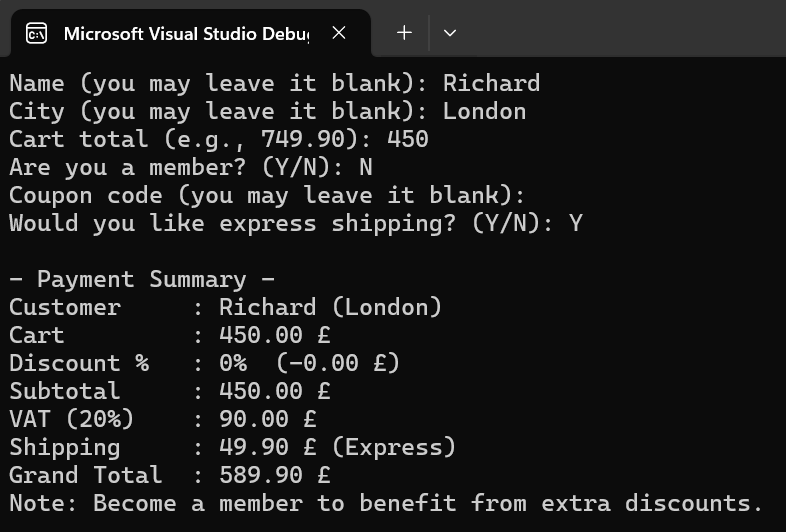 C# Console Shopping Cart Application