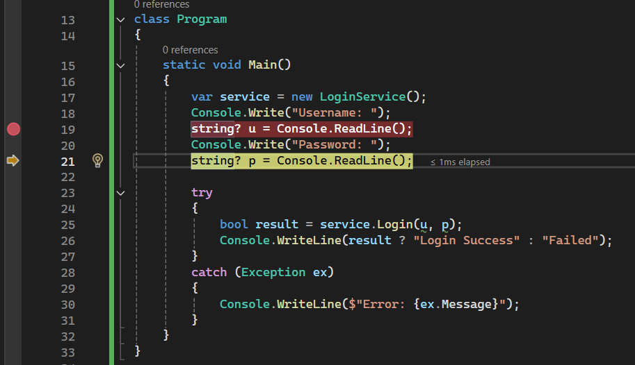 Debugging code lines